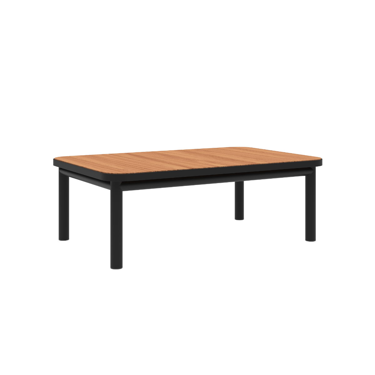 Kirra Coffee Table in black powder-coated aluminum with teak wood tabletop, no accessory fit, studio background.