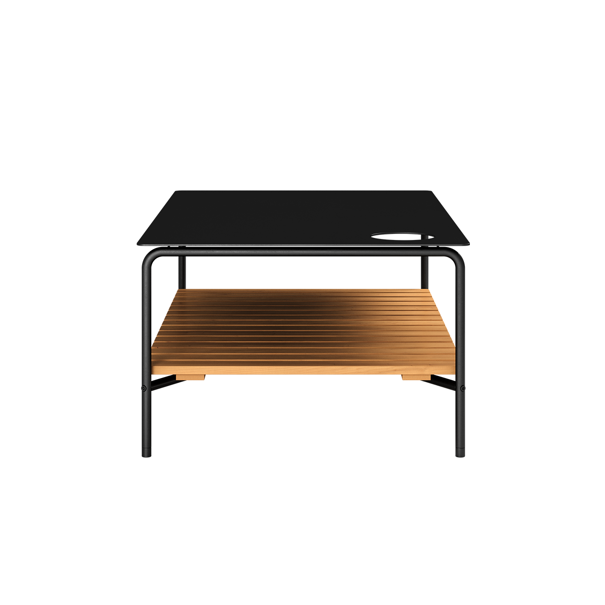 Outdoor patio sofa table with black powder-coated aluminum frame and teak wood shelf underneath