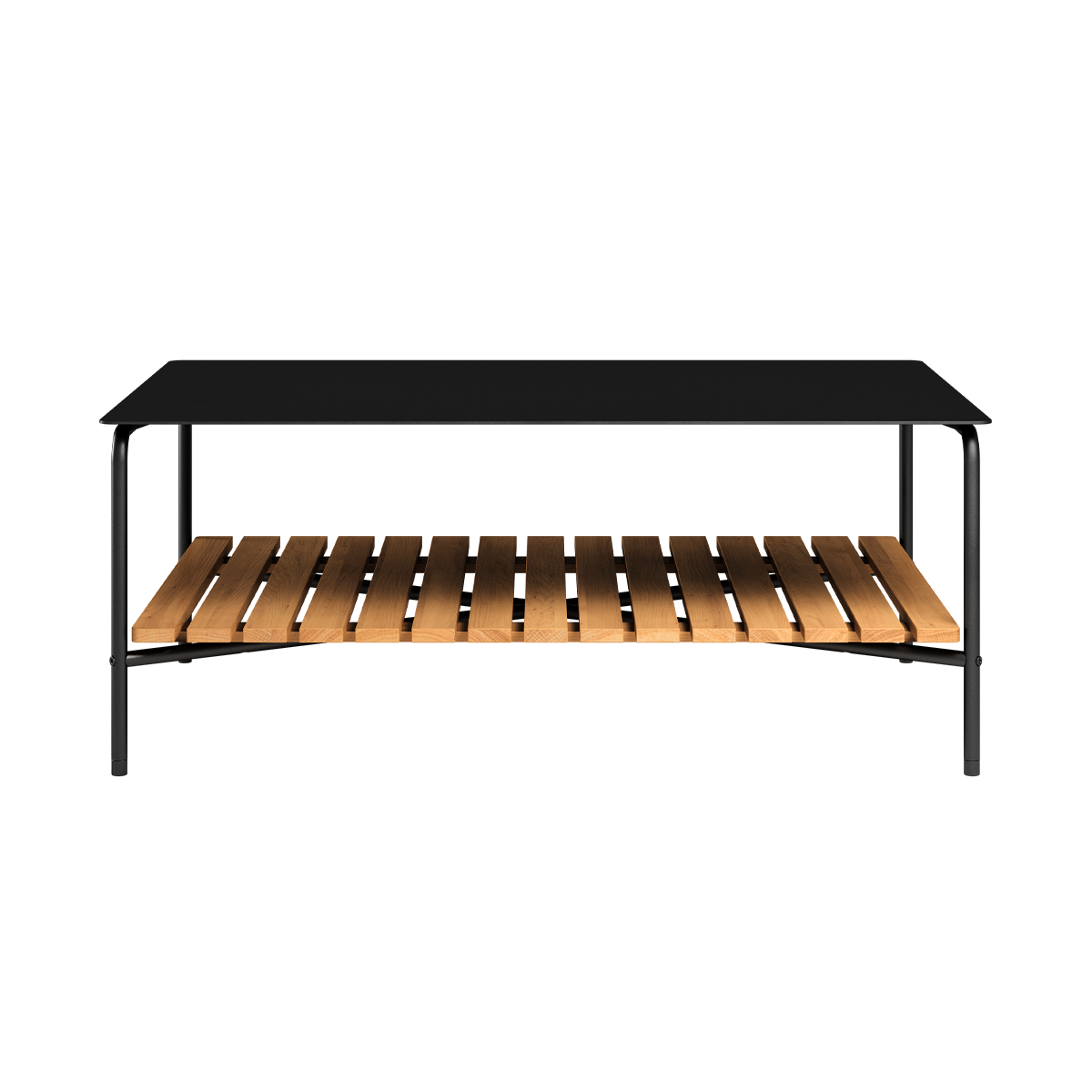 Outdoor patio sofa table with powder-coated black aluminum frame and teak wood shelf underneath.