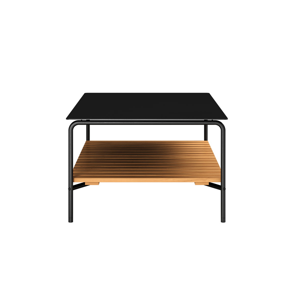 Outdoor patio sofa table with black powder-coated aluminum frame and teak wood shelf underneath