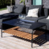 Outdoor patio sofa table with black powder-coated aluminum frame and teak wood shelf underneath