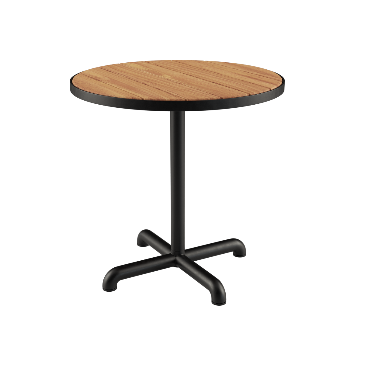 Round Kirra Café Table in black powder-coated aluminum with teak wood top, outdoor setting.