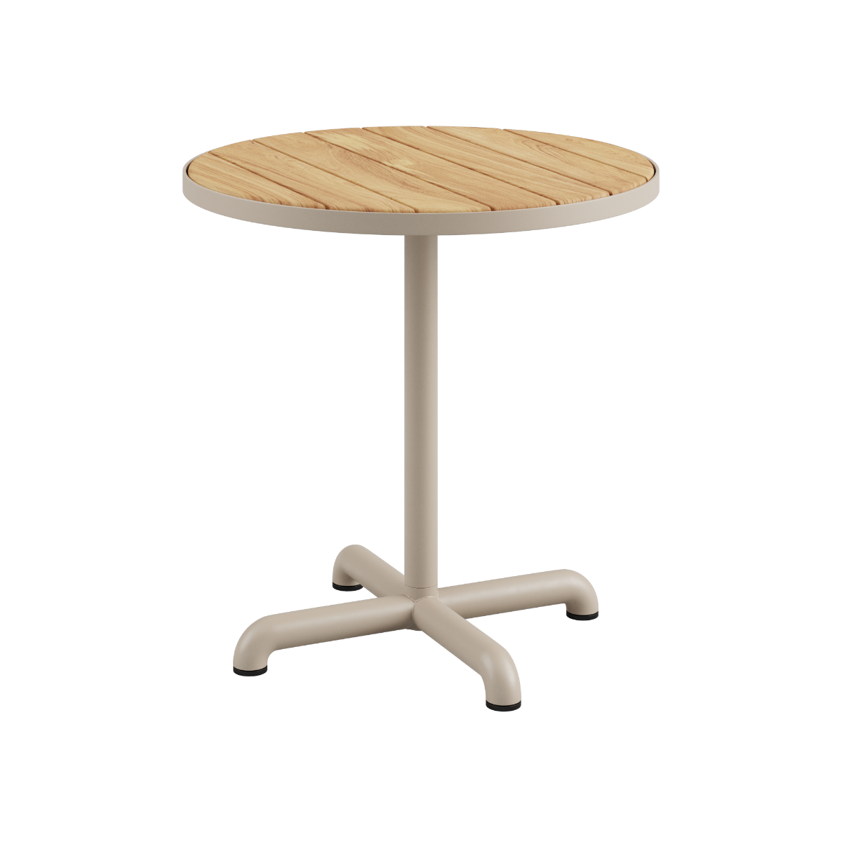 Kirra Café Table in taupe powder-coated aluminum with teak wood top, round outdoor dining table