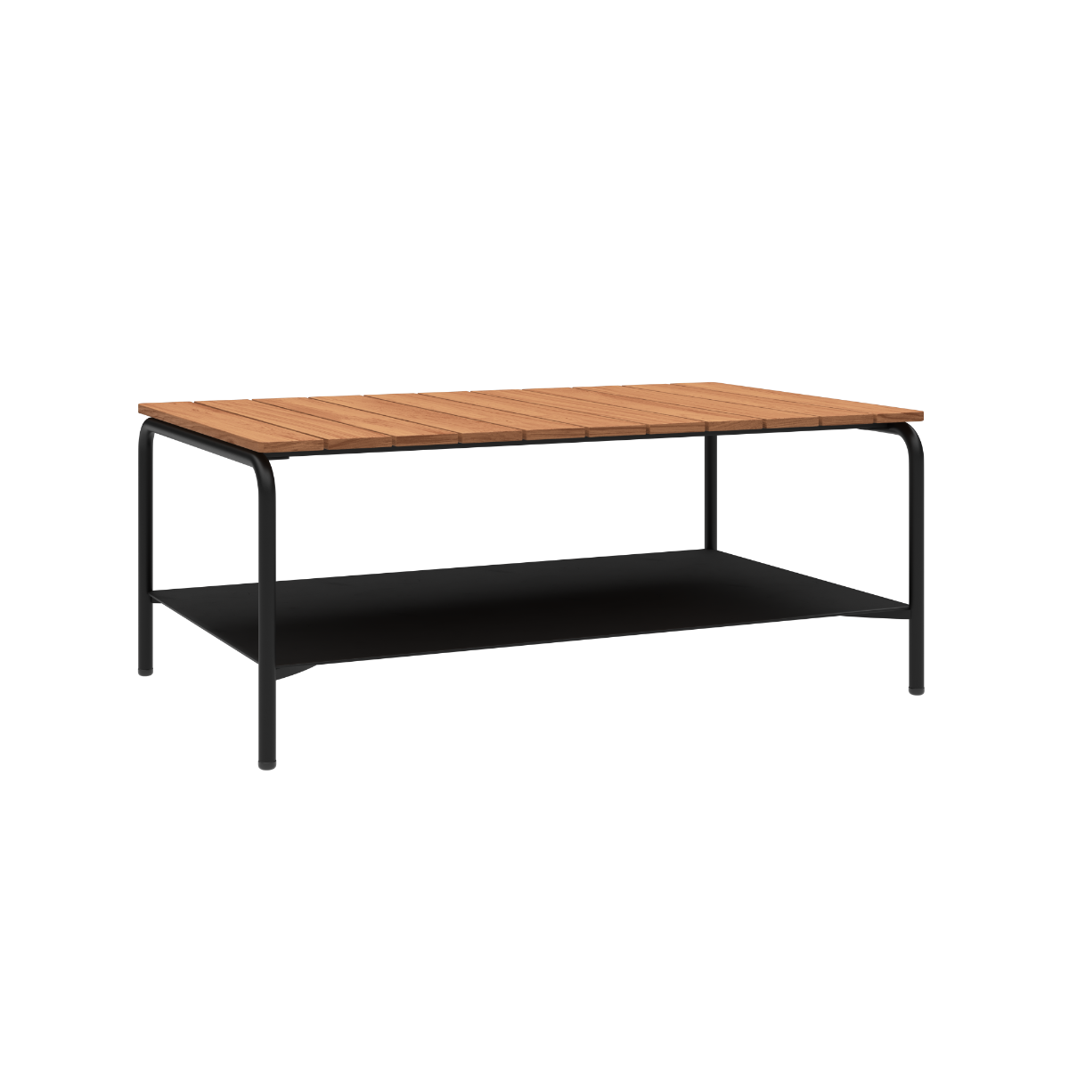 Rectangular outdoor coffee table with black powder-coated aluminum frame and teak wood top, 110x70 cm.