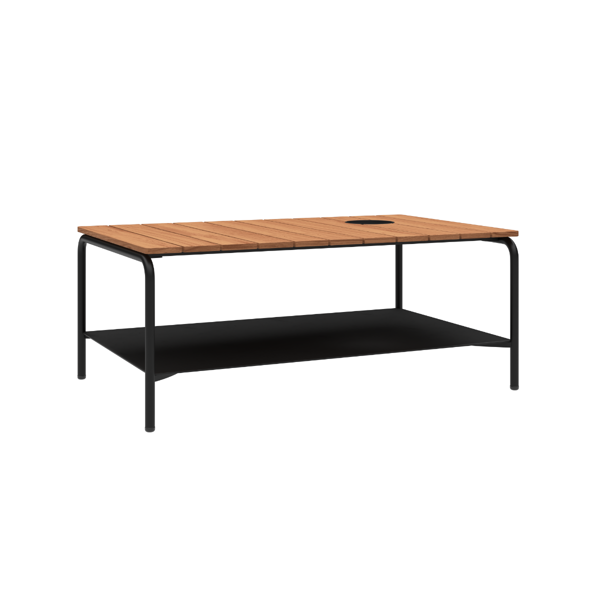 Outdoor patio coffee table with teak wood top and black powder-coated aluminum frame with accessory fit.