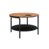 Round outdoor coffee table with teak wood top and black powder-coated aluminum frame with accessory fit.