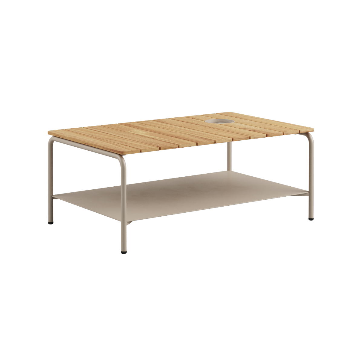 Taupe Patio Coffee Table with teak wood top and powder-coated aluminum frame, 110x70 cm, with accessory fit