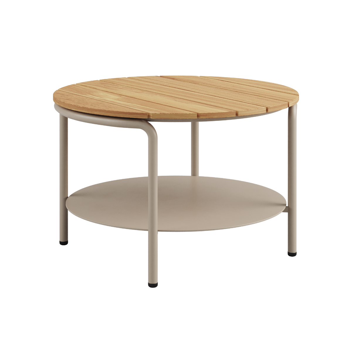 Round taupe powder-coated aluminum patio coffee table with teak wood top, unassembled, 70 cm diameter.
