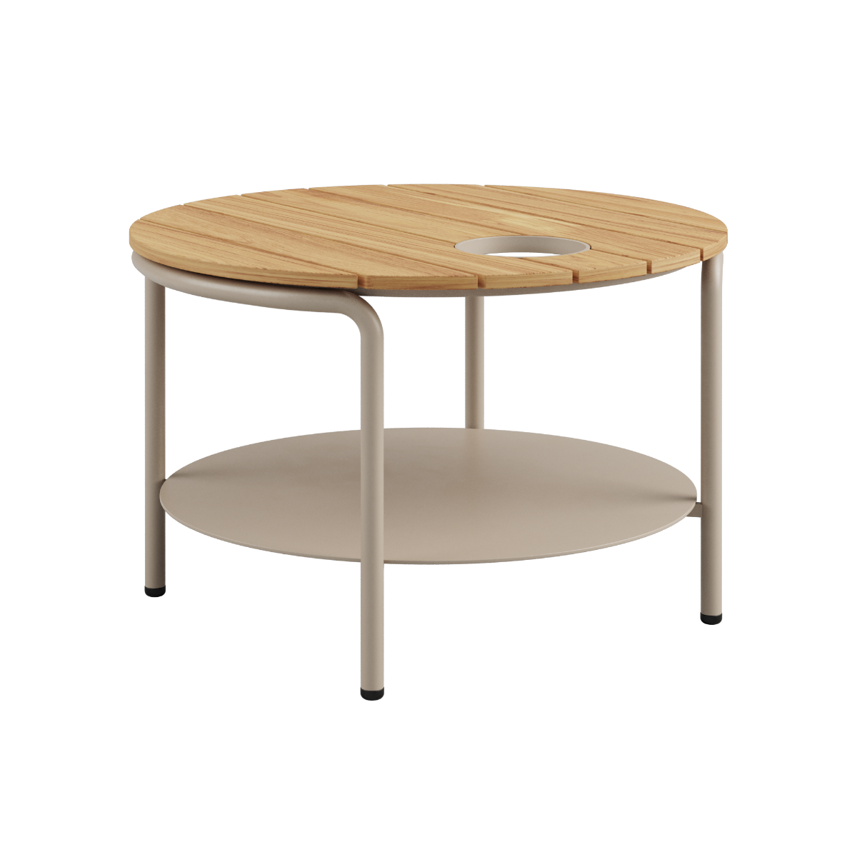 Round taupe patio coffee table with teak wood top and powder-coated aluminum base with accessory fit