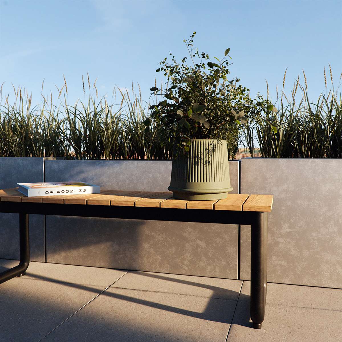 Olive green ceramic Gaia 23 planter with fluted matte surface and drainage hole, inspired by ancient Greek design.