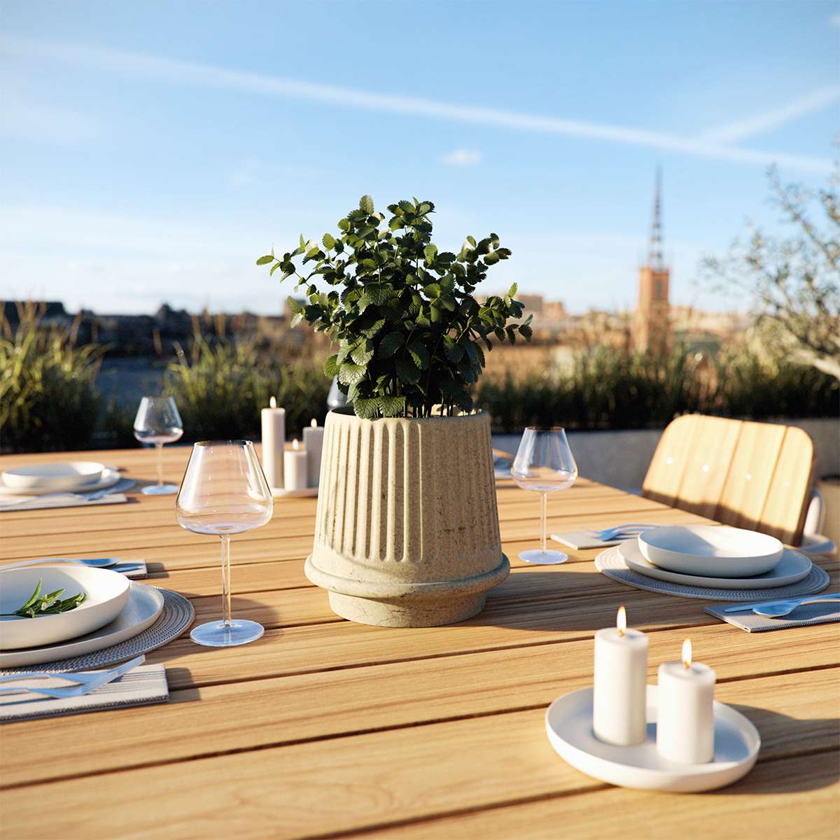 Sand-colored ceramic outdoor planter with fluted surface and drainage hole, inspired by ancient Greece.