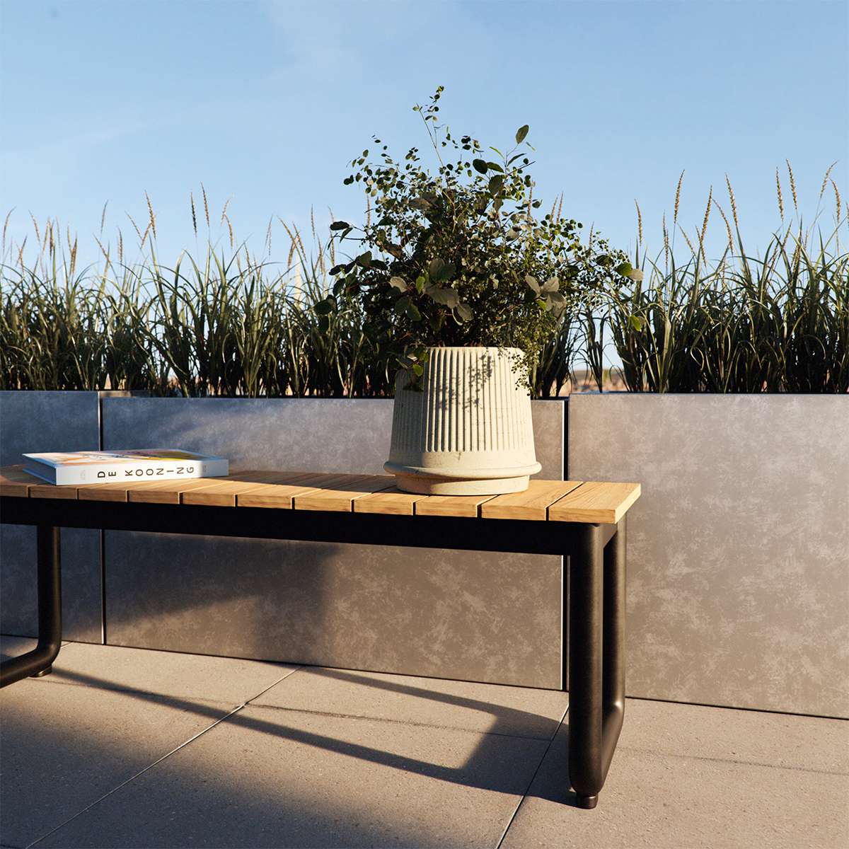 Sand-colored Gaia 23 ceramic outdoor planter with fluted surface and drainage hole.