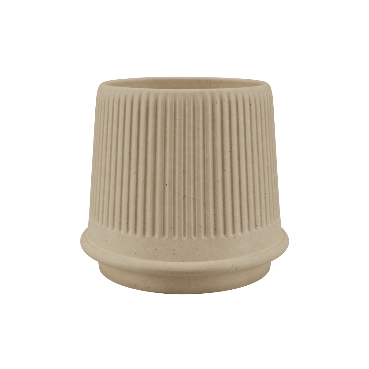 Sand-colored Gaia 23 ceramic outdoor planter with fluted surface and drainage hole