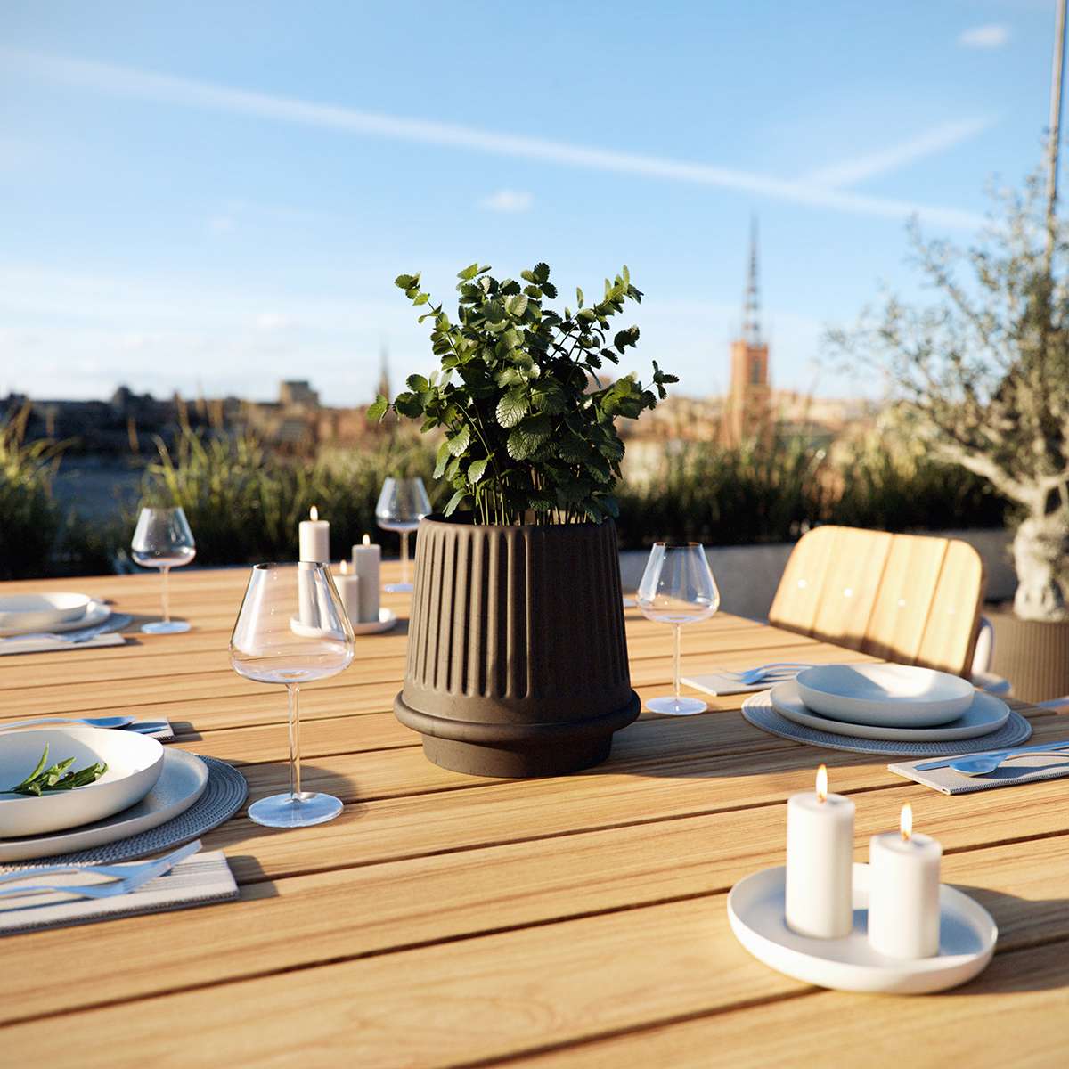 Mocca ceramic Gaia 16 outdoor planter with matte fluted surface and drainage hole