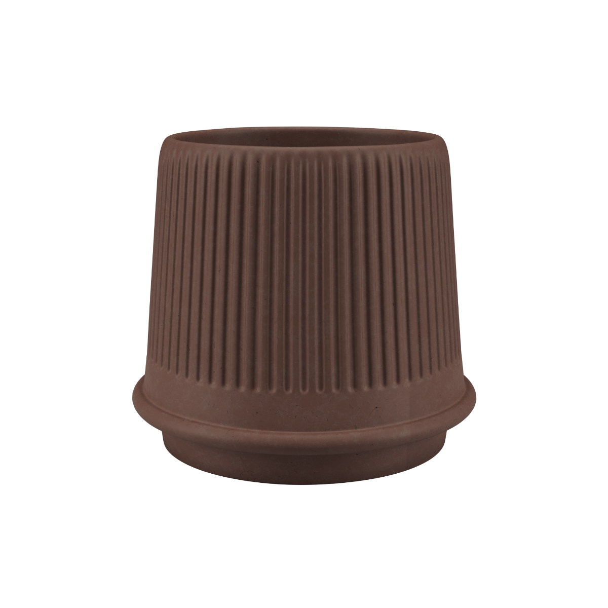 Mocca-colored ceramic Gaia 23 outdoor planter with matte fluted surface and drainage hole