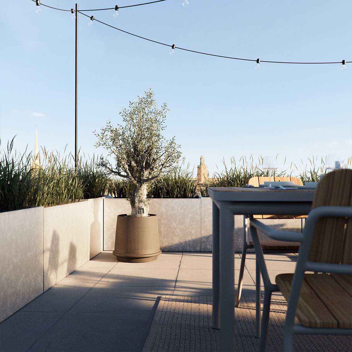 Mocca ceramic Gaia 38 outdoor planter with matte fluted surface and drainage hole