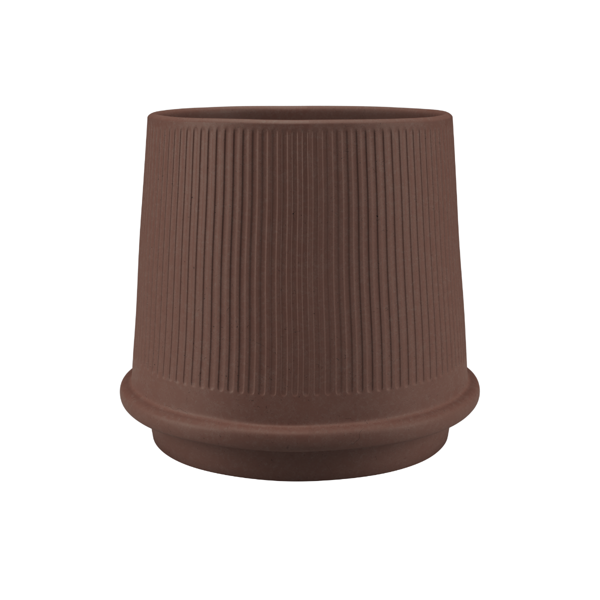 Mocca-colored Gaia 38 ceramic outdoor planter with fluted matte surface and drainage hole