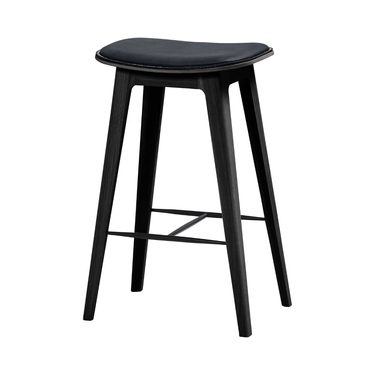 Nordic bar stool in black stained oak with Terra Black leather upholstery and cross-stitch detail, 68 cm height.