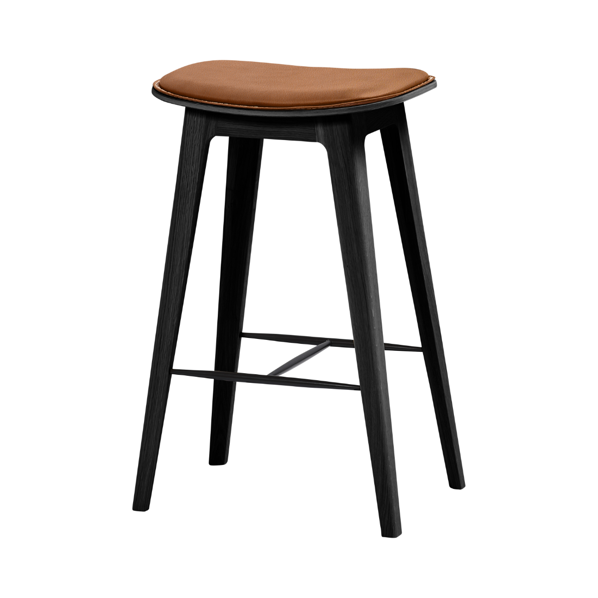 Nordic bar stool in black stained oak with Terra Safari leather upholstery and visible stitching, 68 cm height.