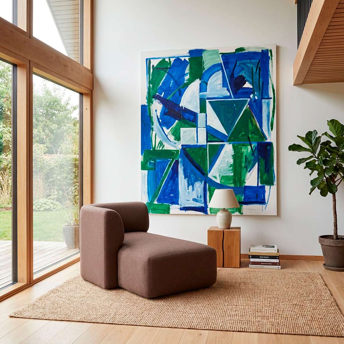 Brown upholstered lounge chair in a Scandinavian living room with abstract blue and green artwork natural wood windows woven rug and sackit design