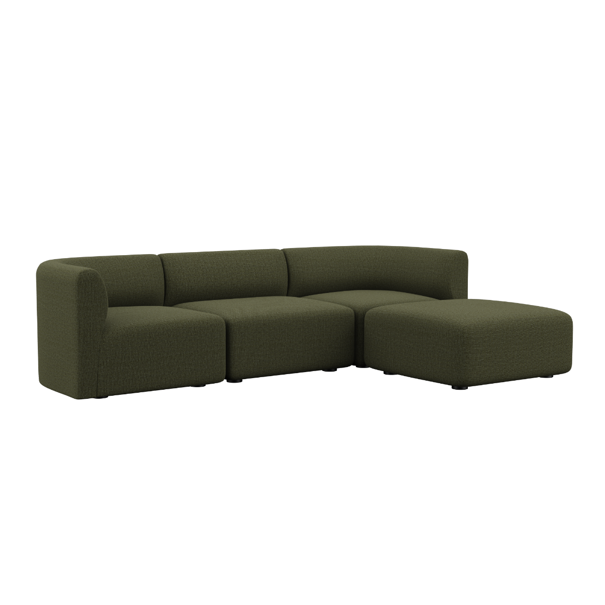Cosmo Olive Fjord Sofa 3-seater with pouf, rounded edges and soft fabric upholstery.
