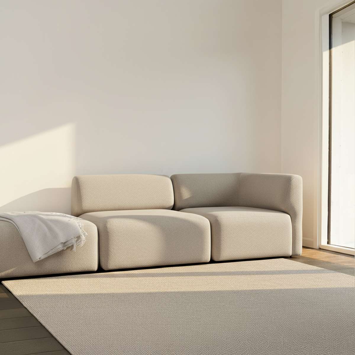 Cosmo Beige Fjord Sofa two-seater with open end, soft rounded edges and Scandinavian design.
