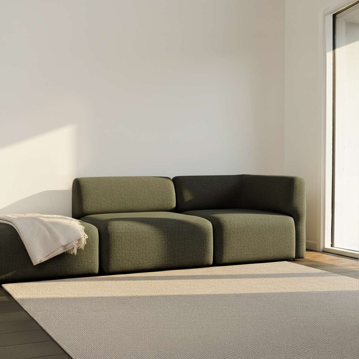 Fjord Sofa 2-seater with open end in Cosmo Beige fabric with soft rounded edges and Scandinavian design