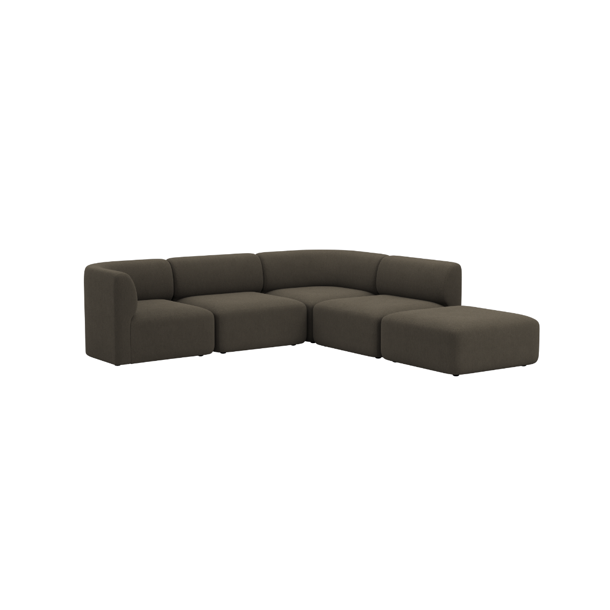 Curved dark brown Fjord corner sofa with an open end and deep cushioned seats on a black background from sackit Europe