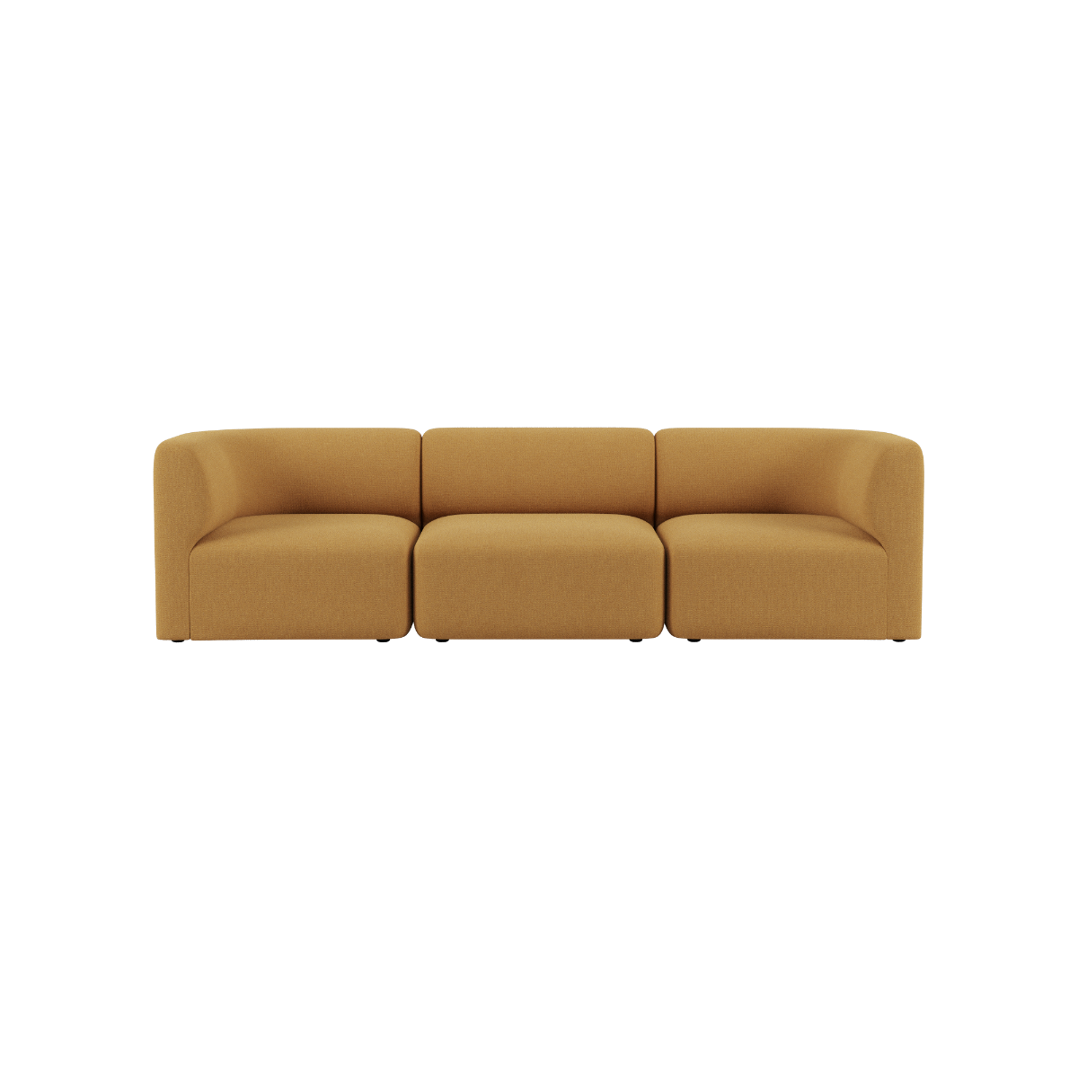 Mustard three seat sofa with soft rounded lines and deep cushions on a clean background from sackit for calm Scandinavian interiors