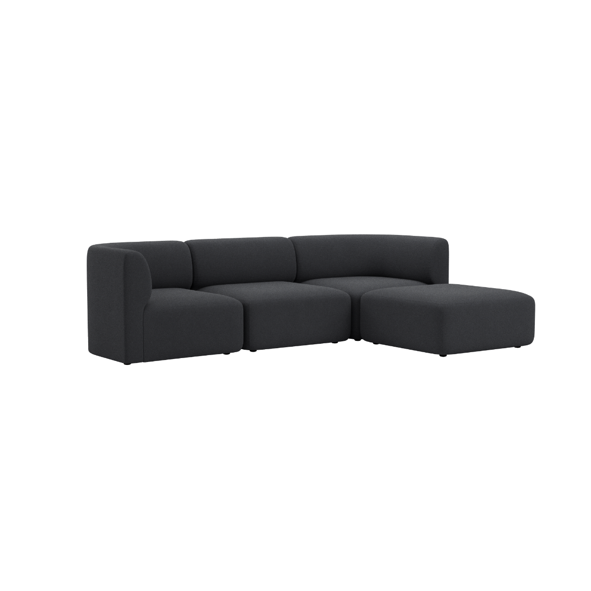 Dark charcoal Scandinavian three seater sofa with soft rounded lines and a chaise section on a clean background from sackit europe