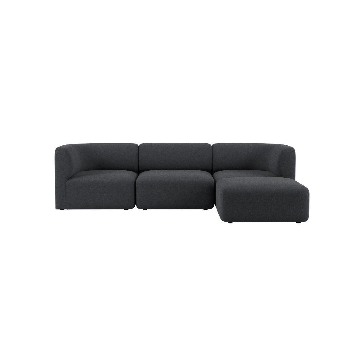 Dark charcoal three seat Fjord sofa with rounded cushions and a right chaise lounge in a clean Scandinavian design by sackit