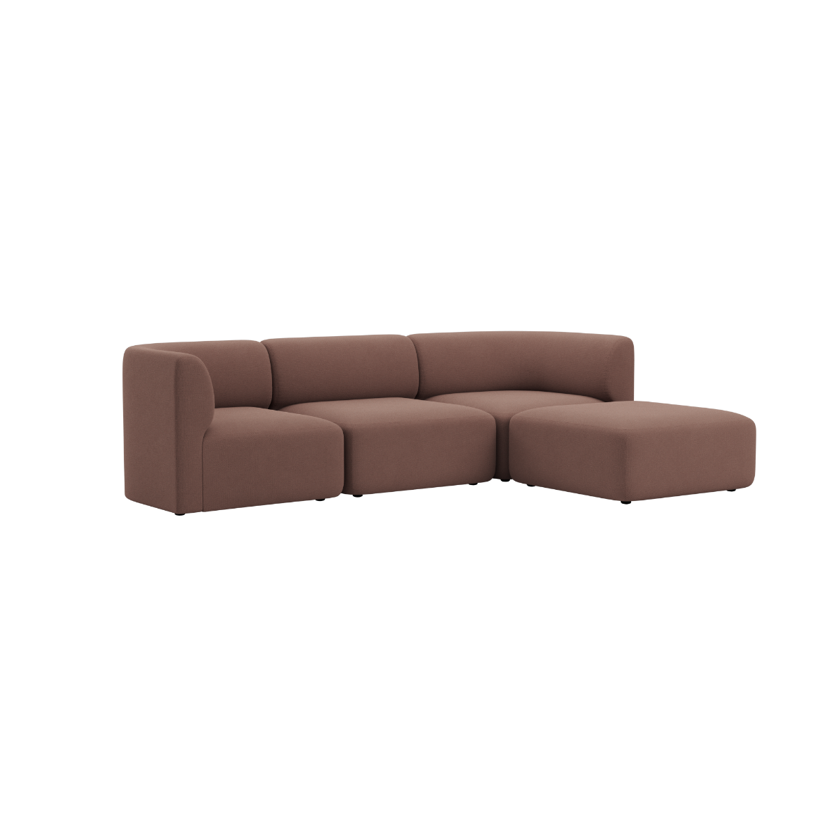 Brown three seat Fjord sofa with rounded cushions and chaise lounge on a clean background by sackit
