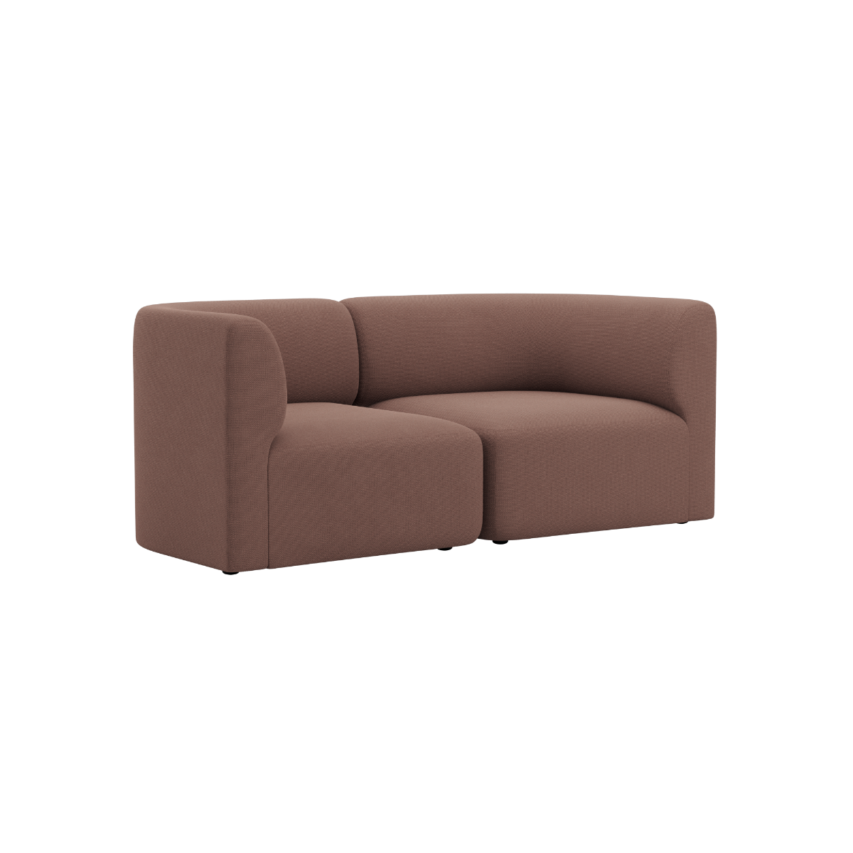 Brown two seater Fjord sofa with soft rounded lines and deep cushions on a black background by sackit for a calm Scandinavian living room