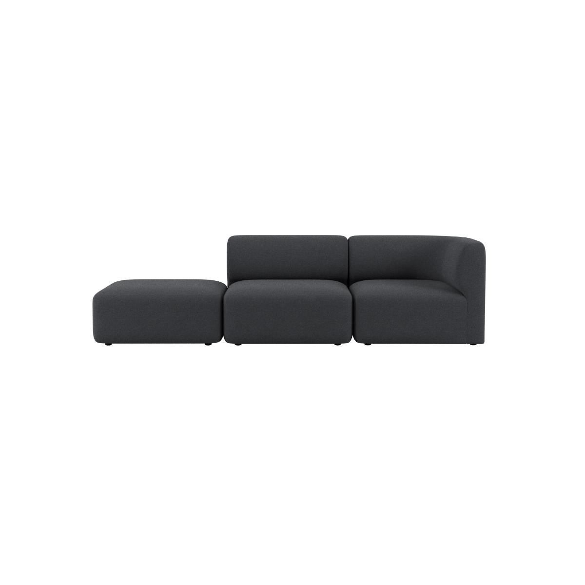 Dark gray sackit Fjord two seat sofa with open end and soft rounded cushions in a calm Scandinavian design for stylish indoor living