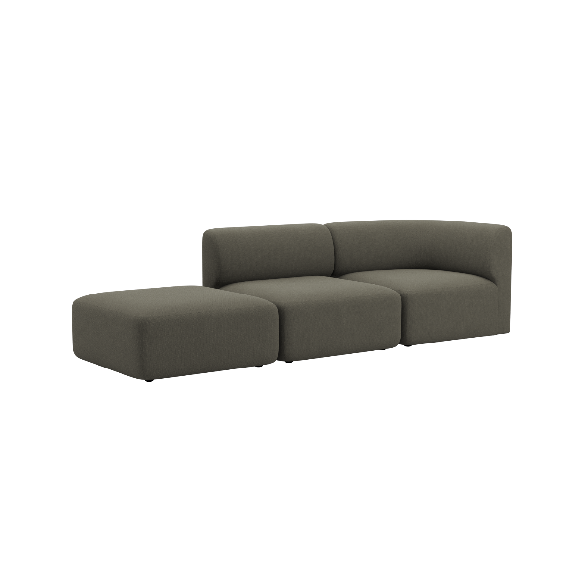 Dark gray sackit Fjord two seat sofa with an open end and soft rounded cushions on a plain background