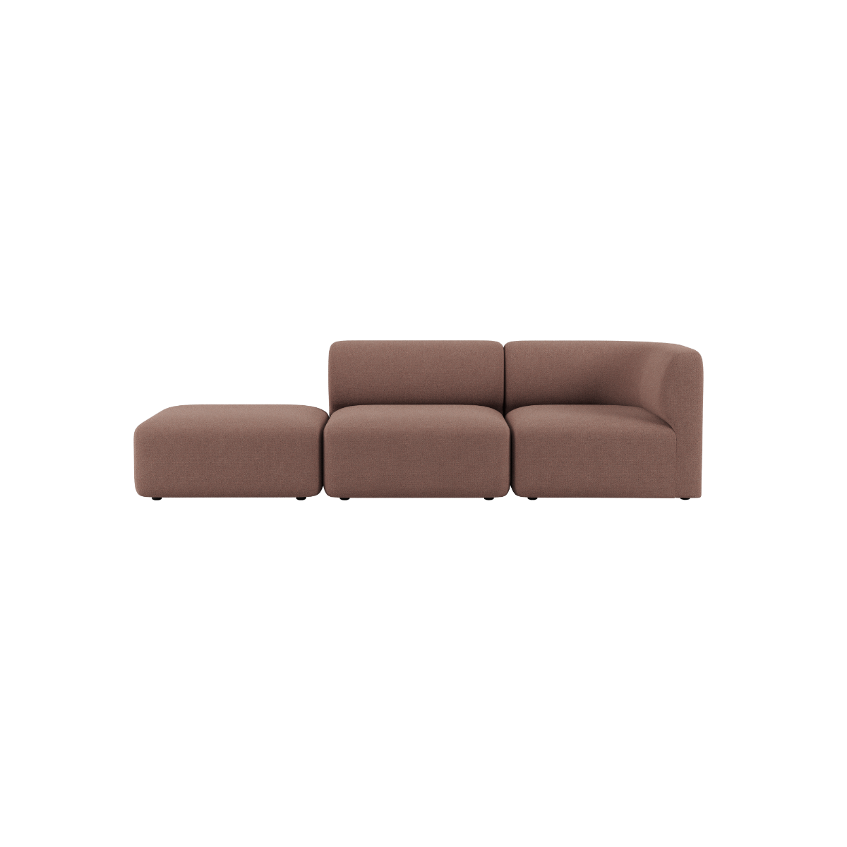 Brown sackit Fjord sofa with two seats and an open end chaise in a soft Scandinavian design on a transparent background