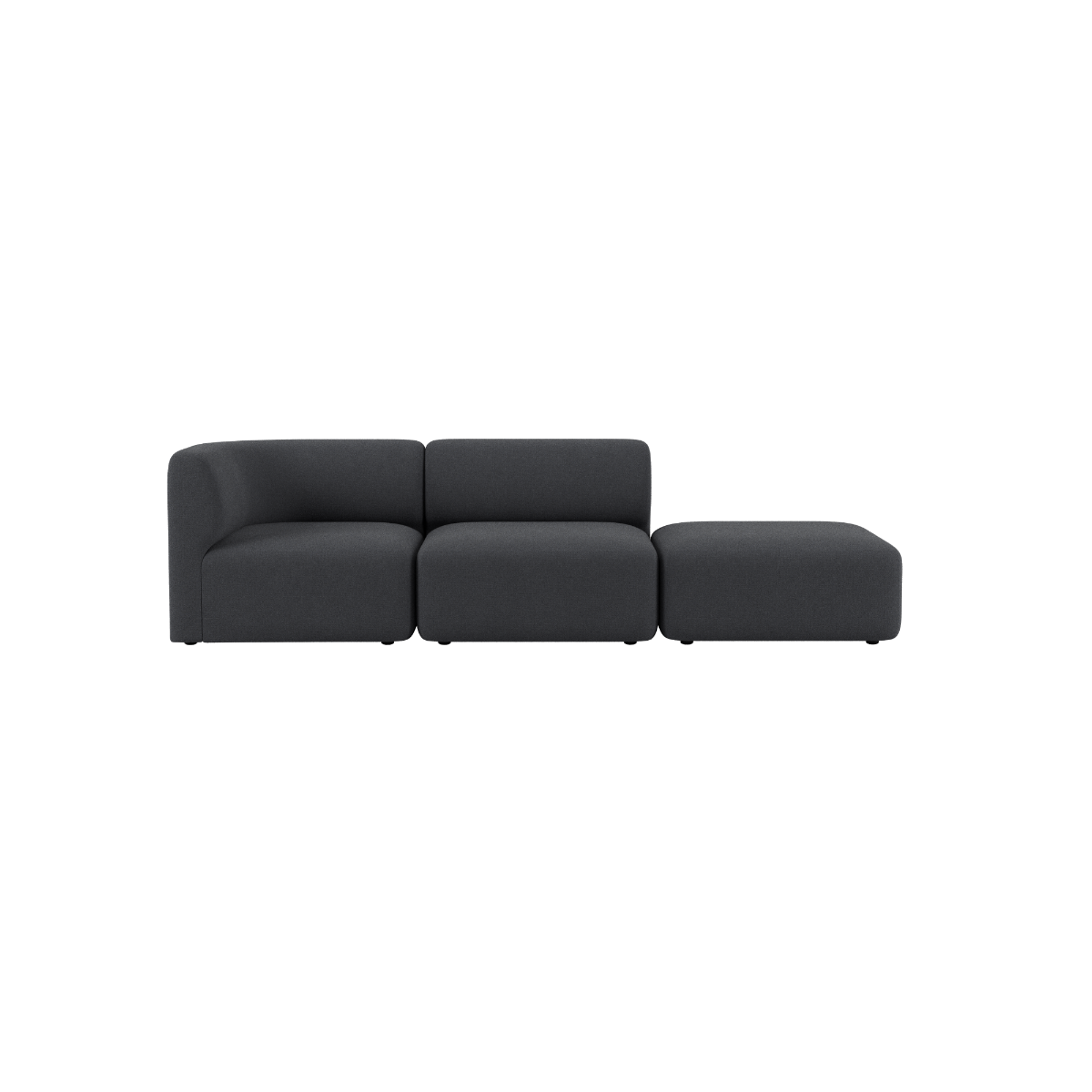 Dark grey sackit Fjord two seat sofa with open end and soft rounded cushions on a black background