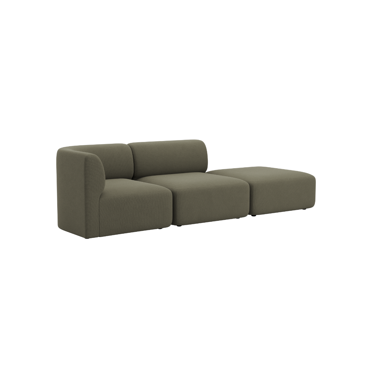Olive green sackit Fjord two seat sofa with open end and soft rounded cushions in a calm Scandinavian design for modern indoor living