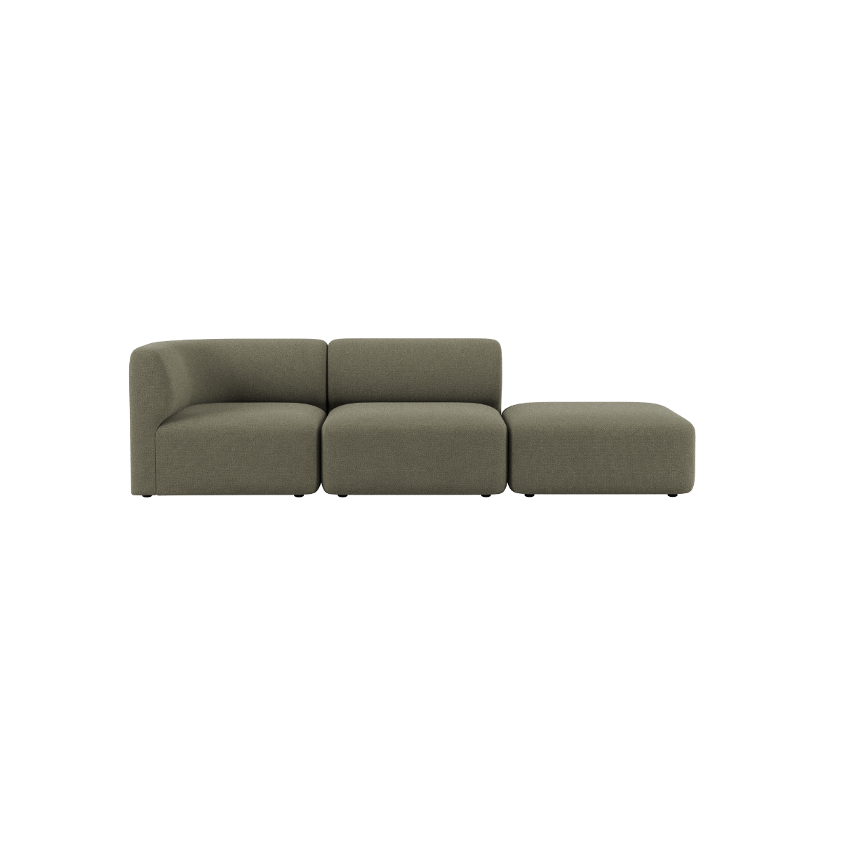 sackit Fjord two seater sofa with open end in muted olive fabric and soft rounded lines on a clean background