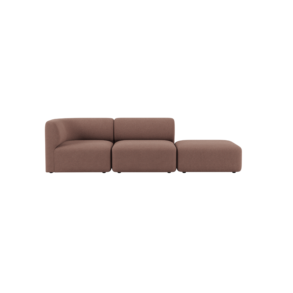 Brown two seat Fjord sofa with an open end and soft rounded cushions by sackit for Scandinavian interiors