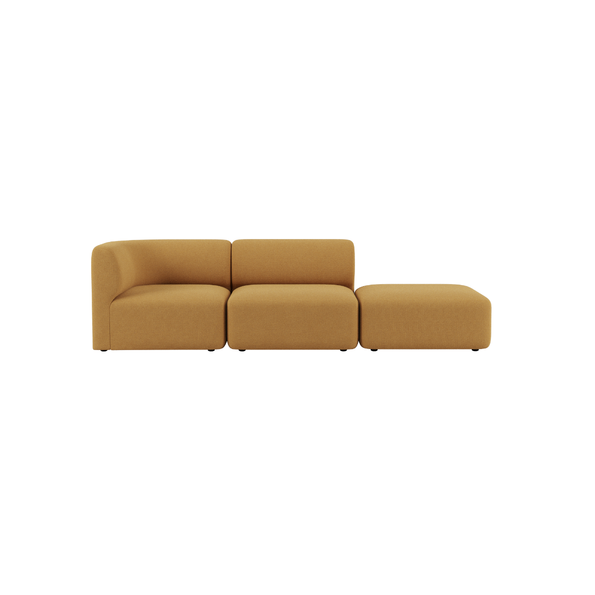 sackit mustard yellow two seater sofa with an open end and rounded cushions for a calm Scandinavian interior