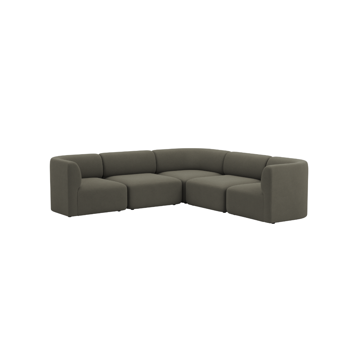 Curved dark gray Fjord corner sofa with soft rounded lines and deep seating on a black background from sackit