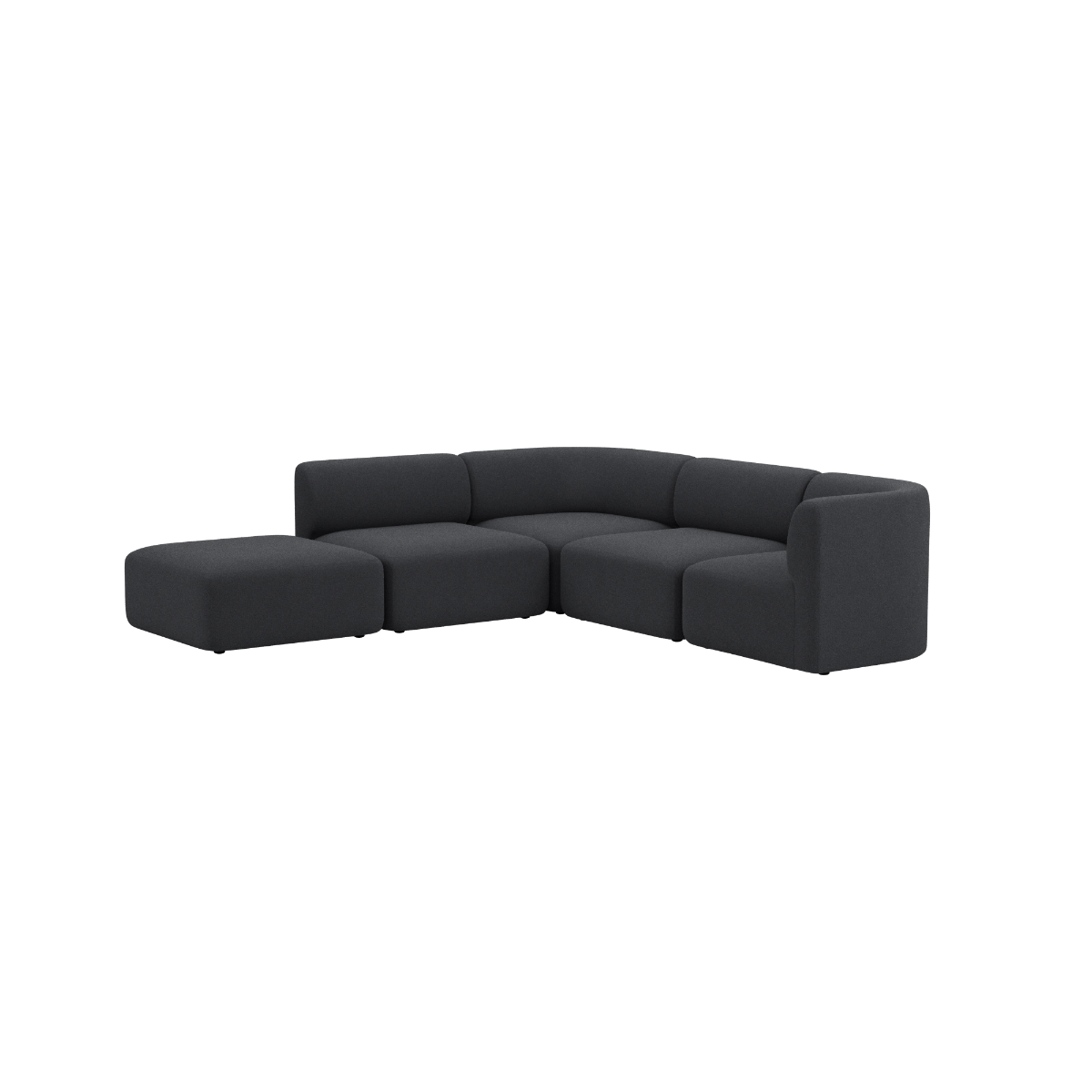 sackit Fjord corner sofa in dark charcoal with a curved back and open end chaise on a black background