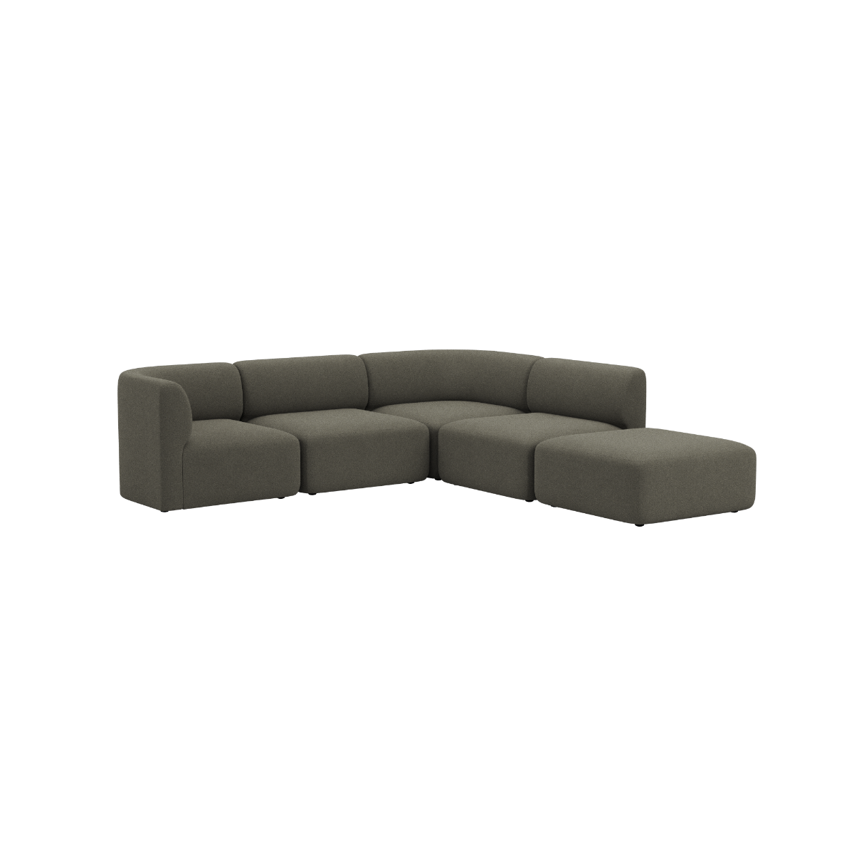 Curved dark gray Fjord corner sofa with an open end and soft rounded cushions in a calm Scandinavian design by sackit