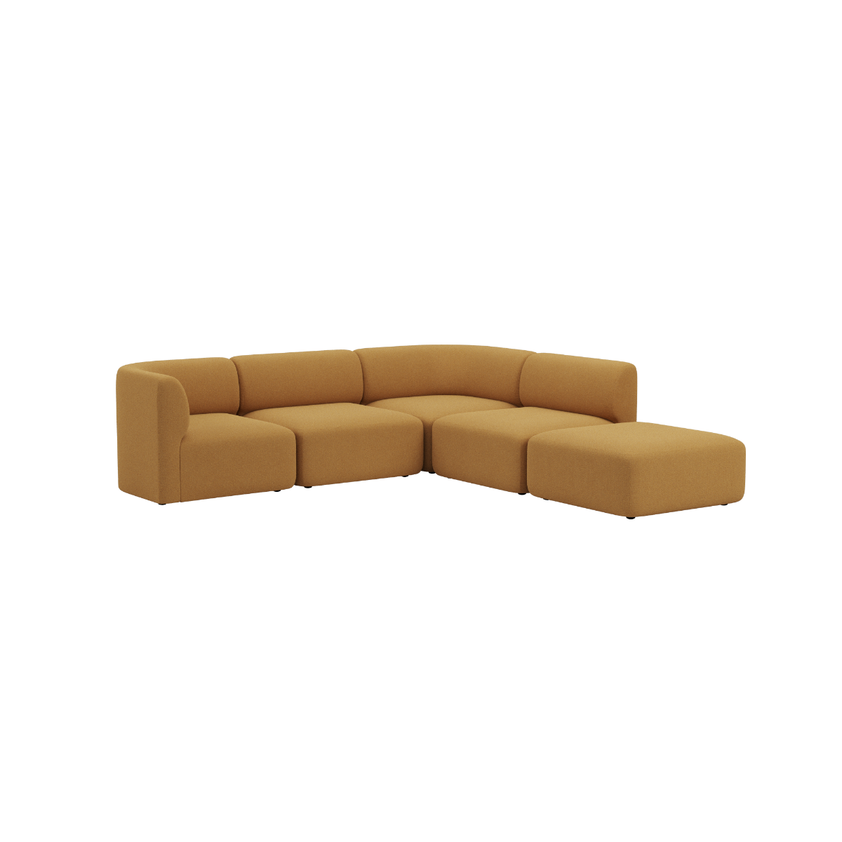 Mustard curved corner sofa with a soft Scandinavian design and open end shown on a black background by sackit