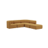 Mustard curved corner sofa with a soft Scandinavian design and open end shown on a black background by sackit