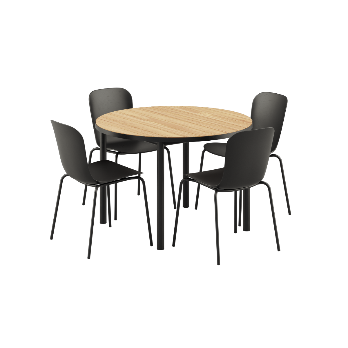 Kirra Dining Table with round black tabletop and four black Patio Chair No. One S1 chairs outdoors