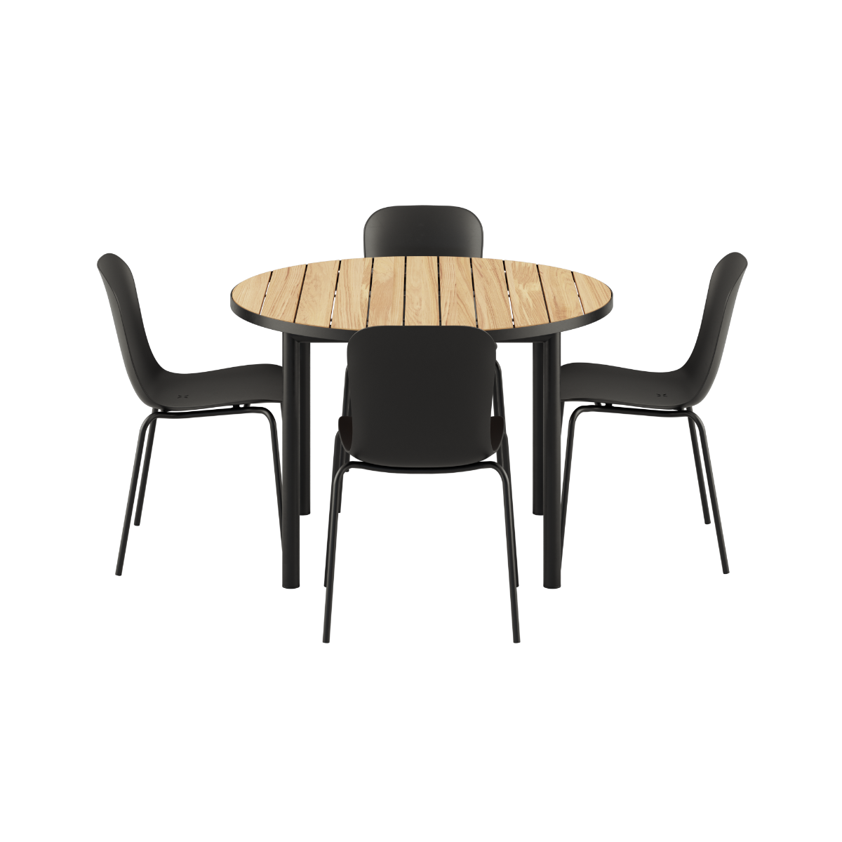 Kirra Dining Table Ø110 with four Olive/Noir Patio Chair no. One S2 chairs in outdoor setting