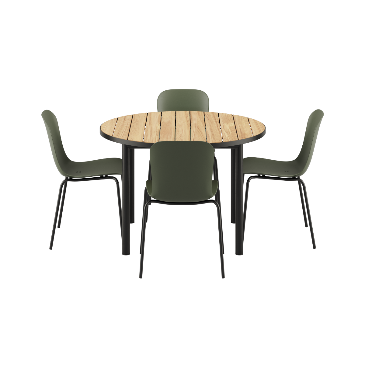 Round Kirra Dining Table Noir with four Olive and Noir Patio Chair no. One S2 outdoor chairs
