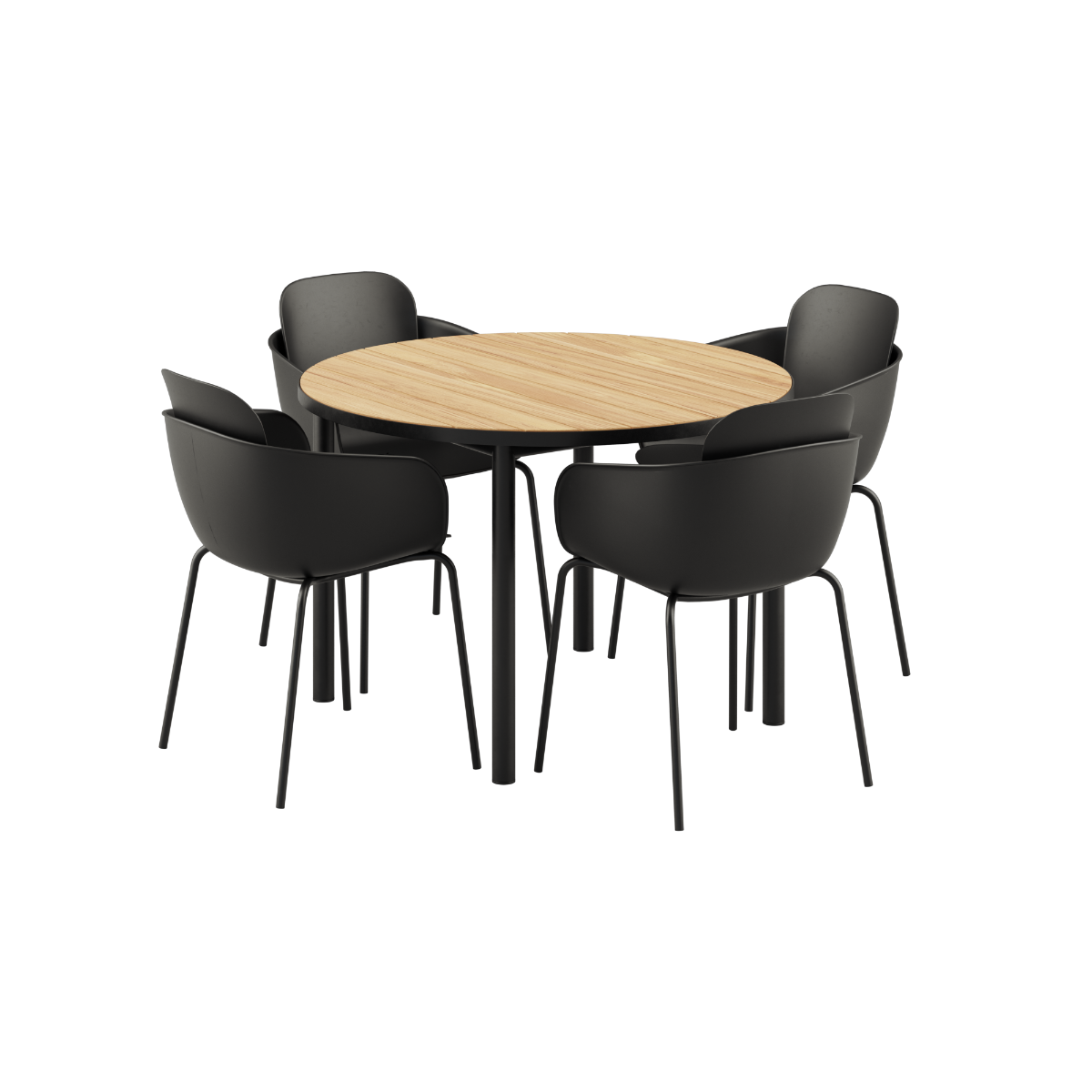 Kirra Dining Table with round black tabletop and four black Patio Chair no. One S2 chairs outdoors